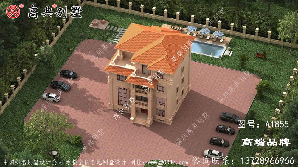 主墙外为统一的棕色瓷砖 ，色彩鲜艳简约大气